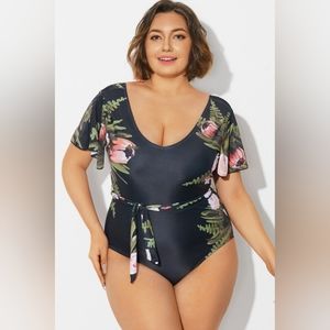 NEW NWT MeetCurve Floral Print Ruffle Sleeves One Piece Swimsuit Multi Sz 4XL